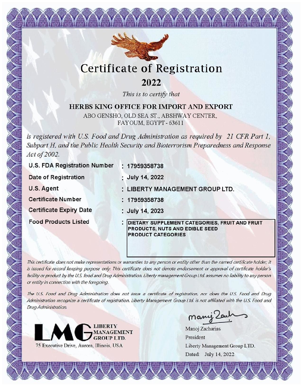 HERBS KING OFFICE FOR IMPORT AND EXPORT - FDA Certificate - 2022ss_page-0001